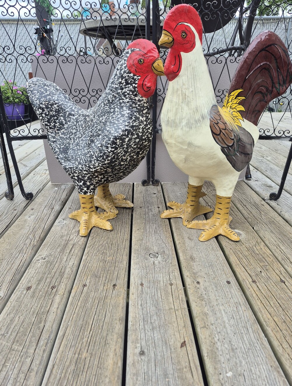 Hand-Painted Paper Mache(?) Rooster and Hen Large - Country Cottage